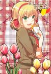  axis_powers_hetalia belgium_(hetalia) blonde_hair blush eating flower food green_eyes hair_ribbon heart military military_uniform momiage ribbon short_hair sleeves_rolled_up solo tulip uniform waffle 