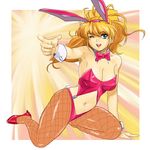  animal_ears blonde_hair blue_eyes breasts bunny_ears bunnysuit cleavage excellen_browning fishnet_pantyhose fishnets large_breasts long_hair navel one_eye_closed pantyhose ponytail shu-z solo super_robot_wars 