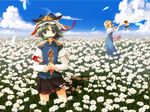  alice_margatroid bad_id bad_pixiv_id blonde_hair blue_eyes cloud day doll field flower flower_field green_hair hairband hat highres multiple_girls narumizg petals rod_of_remorse shanghai_doll shiki_eiki short_hair sky touhou wallpaper 