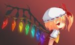  blonde_hair brown_background crystal flandre_scarlet hat mimi-moon ponytail rainbow_order red_eyes short_hair side_ponytail solo touhou wings 