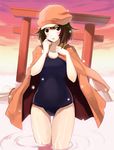  bakemonogatari blush brown_eyes brown_hair hat jacket monogatari_(series) nishikawa_ari one-piece_swimsuit school_swimsuit sengoku_nadeko solo swimsuit torii water 