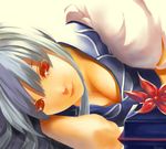  bad_id bad_pixiv_id breasts cleavage eyelashes fenrir_(pixiv) hat kamishirasawa_keine large_breasts lips long_hair lying on_side red_eyes silver_hair smile solo touhou 