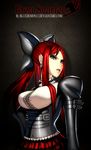  bad_source banned_artist bluedemon13 breasts choker earrings erza_scarlet fairy_tail jewelry large_breasts lips long_hair long_sleeves parted_lips red_hair self_upload solo watermark web_address 