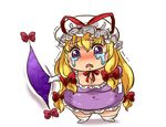  blonde_hair blush breasts elbow_gloves fat gap gloves hair_ribbon hat large_breasts long_hair non-web_source purple_eyes ribbon solo tears touhou yakumo_yukari 