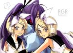  1girl age_difference blonde_hair bow kagamine_rin kamui_gakupo long_hair nia_(four_winds) purple_hair short_hair simple_background smile tattoo vocaloid 