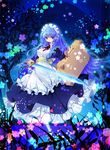  blue_eyes blue_hair long_hair maid night original pantyhose sakurano_miya solo suitcase sword weapon white_legwear 