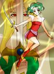  blonde_hair boots celes_chere earrings final_fantasy final_fantasy_vi green_hair jewelry long_hair mind_control nobu_(artist) ponytail red_eyes sword tina_branford weapon 