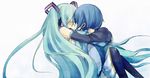  1girl aqua_hair blue_hair blush closed_eyes couple detached_sleeves hatsune_miku headset hetero kaito kiss long_hair mui scarf thighhighs twintails very_long_hair vocaloid 