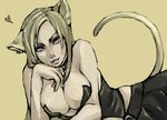  1girl animal_ears big_breasts blonde_hair blue_eyes breasts capcom cat_ears cat_tail cleavage devil_may_cry large_breasts long_hair lowres lying tail taro_(artist) trish trish_(devil_may_cry) 