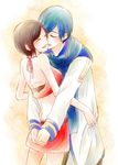  1girl bad_id bad_pixiv_id blue_hair blue_scarf brown_hair couple hetero hug kaito kiss meiko miyuki_(aoisan) scarf short_hair vocaloid 