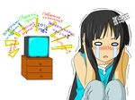  1girl akiyama_mio black_hair blush comedy crying female humor k-on! long_hair open_mouth russian scared simple_background solo tears television tv white_background 
