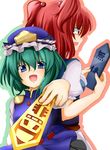  blue_eyes green_hair hat kamo_(yokaze) multiple_girls onozuka_komachi red_eyes red_hair rod_of_remorse shiki_eiki touhou translated 