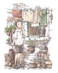  animal_ears bangs black_shorts book brick_wall brown_hair building clothesline copyright_request hand_on_own_chin hanging_plant keiryou_nikyaku kettle machine plant pot potted_plant pouch sheep shoes short_hair shorts solo stool washing watering_can window 