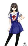  black_eyes black_hair clannad cosplay hand_on_hip highres hikarizaka_private_high_school_uniform long_hair orokanahime pantyhose school_uniform solo 