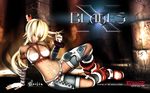  ayumi_(x-blades) blonde_hair blue_eyes breasts fingerless_gloves gloves grass hair_ornament highres large_breasts midriff navel official_art pose rendering solo tattoo wallpaper x-blades 