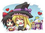  ^_^ alice_margatroid black_hair blonde_hair bow broken_heart closed_eyes colonel_aki crescent dress hair_bow hair_ribbon hairband hakurei_reimu hat heart jealous kirisame_marisa long_hair lowres multiple_girls open_mouth patchouli_knowledge purple_bow purple_hair ribbon short_hair touhou witch_hat yuri 