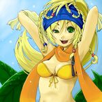  arms_up belt bikini_top blonde_hair braid final_fantasy final_fantasy_x final_fantasy_x-2 green_eyes headband kasetsu long_hair lowres open_mouth rikku scarf 