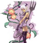  ahoge bare_shoulders copyright_request demon_girl demon_tail flower fork gloves kima oversized_object red_eyes rose solo tail thighhighs thorns white_hair zettai_ryouiki 