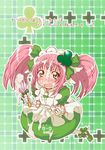  amulet_clover apron blush clover club_(shape) gloves gokkun_tororojiru hair_ornament hinamori_amu magical_girl open_mouth pink_hair plaid plaid_background sexually_suggestive shugo_chara! solo twintails whipped_cream whisk yellow_eyes 