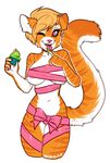  areola blonde_hair breasts cupcake feline female finger_lick food frankie_(modjo) fur hair icing mammal navel one_eye_closed orange_fur pink_eyes ribbons simple_background solo standing three-quarter_portrait tiger tongue tongue_out white_background xenthyl 