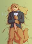  balls barnaby_kane bed blush bottomless bow_tie clothed clothing ferret half-dressed lying male mammal meesh mustelid penis pillow pink_nose solo tuxedo 