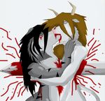  2009 black_hair blood bovine brown_hair cattle death duo eyes_closed fur gore grey_fur grotesque_death hair hand_on_chest horn hug kissing male male/male mammal markings melee_weapon simple_background sword tigerwolf weapon white_background white_fur wolfgerlion64 