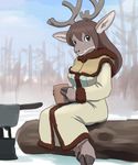  blue_eyes campfire cervine clothing cooking_pot cup dress female log mammal reindeer ryu_masakaze snow solo winter wood 