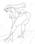  2015 anthro bent_over big_breasts big_butt breasts buckteeth butt clothed clothing crop_top ear_piercing female footwear fur hair half-closed_eyes high_heels inviting kalnareff lagomorph looking_at_viewer mammal monochrome open_mouth piercing presenting presenting_hindquarters rabbit seductive shoes side_boob simple_background skimpy skirt smile teeth tongue white_background 