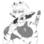  anthro bell big_breasts blush breasts clothed clothing collar feline female fur gun gun_in_mouth hair mammal monochrome ranged_weapon saffron_(safurantora) safurantora simple_background solo stripes tiger tight_clothing weapon white_background 