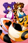  2015 amber_eyes anthro big_breasts big_tail breasts brown_hair cleavage clothed clothing duo feline female fluffy_tail fur hair huge_breasts las_lindas liona_mcgraw long_hair mammal mastergodai ocelot rascals spots tiger tiggs voluptuous white_fur yellow_fur 