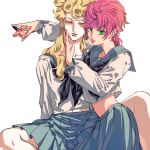  1girl bishounen crossdressing giorno_giovanna green_eyes jojo_no_kimyou_na_bouken long_hair long_sleeves nail_polish nail_polish_bottle neckerchief orange_eyes pale_skin pink_hair pleated_skirt sailor_collar school_uniform serafuku short_hair skirt trish_una vento_aureo zakki 