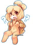  animal_crossing black_nose blush breasts canine clothing dog female hair isabelle_(animal_crossing) mammal nintendo nipples ookami-kun open_mouth pussy shih_tzu solo tongue undressing video_games 