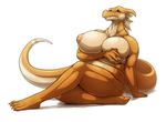  2014 anthro big_breasts black_sclera blush breast_squish breasts claws dragon female hand_on_breast huge_breasts jorlus kalnareff looking_at_viewer nipples nude orange_scales scalie simple_background sitting slit_pupils solo tan_scales toe_claws voluptuous white_background yellow_eyes 
