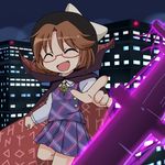  bow building cape clothes_writing hat hat_bow mikan_imo night open_mouth pointing runes skyscraper smile solo touhou usami_sumireko 