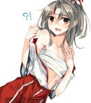  ?!! bare_shoulders brown_eyes collarbone grey_hair kantai_collection looking_at_viewer open_clothes open_mouth open_shirt ponytail rinarisa sarashi shirt skirt solo undressing zuihou_(kantai_collection) 