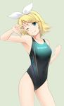  ;) armpits blonde_hair blue_eyes collarbone company_name competition_swimsuit covered_navel cowboy_shot fuuma_nagi gradient gradient_background green_background hair_ornament hair_ribbon hairclip highleg highleg_swimsuit kagamine_rin one-piece_swimsuit one_eye_closed ribbon short_hair smile solo speedo_(company) standing swimsuit vocaloid w w_over_eye 