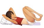  hair_over_one_eye ikezawa_kazuma legs_up lying on_back pillow short_shorts shorts summer_wars tan tank_top tsukuru_(seki_sabato) 