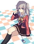  blue_eyes charlotte_(anime) digital_media_player earphones higeneko_(pluie) long_hair school_uniform serafuku silver_hair single_earphone_removed sitting solo tomori_nao two_side_up 