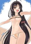  :d adapted_costume ahoge artist_name bikini breasts brown_eyes brown_hair covered_nipples kantai_collection long_hair medium_breasts navel open_mouth sensen shouhou_(kantai_collection) smile solo swimsuit towel underboob very_long_hair 