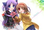  asahina_yori blush brown_hair company_connection crossover grey_legwear heart kanon key_(company) little_busters! multiple_girls no_panties one_eye_closed purple_eyes purple_hair red_eyes sasasegawa_sasami school_uniform thighhighs tsukimiya_ayu 