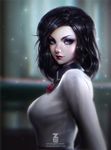  banned_artist bioshock bioshock_infinite black_hair blue_eyes breasts chromatic_aberration elizabeth_(bioshock_infinite) face large_breasts light_smile lips lipstick long_hair looking_at_viewer makeup paul_kwon short_hair solo watermark web_address 