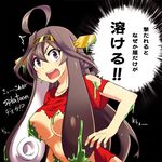  ahoge black_background breasts brown_hair collarbone copyright_name double_bun hairband highres kantai_collection kongou_(kantai_collection) large_breasts long_hair midriff open_mouth paint_stains purple_eyes red_shirt shirt solo splatoon_(series) splatoon_1 sweat tentacle_hair tom_(drpow) torn_clothes torn_shirt translated 