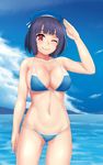  bad_id bad_pixiv_id beret bikini black_hair hat highres kantai_collection one_eye_closed red_eyes salute short_hair smile solo standing swimsuit takao_(kantai_collection) yashichii 
