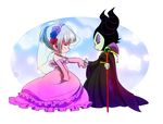  1girl bad_id bad_pixiv_id bridal_veil chibi claude_frollo closed_eyes crossdressing disney dress earrings elbow_gloves eyeshadow flower frilled_dress frills gloves gown grey_hair hair_flower hair_ornament holding_hands horns jewelry makeup maleficent marimo_(yousei_ranbu) necklace one_man's_dream_ii pearl_necklace pink_dress pink_gloves ring short_hair short_ponytail sleeping_beauty staff strapless strapless_dress the_hunchback_of_notre_dame veil younger 