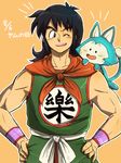  black_eyes black_hair cat dated dragon_ball dragon_ball_(classic) hands_on_hips long_hair neckerchief nn_(kingdamu22) one_eye_closed outline puar smile upper_body wristband yamcha 