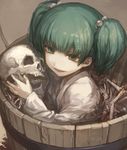  bone bucket evil_smile green_eyes green_hair hair_bobbles hair_ornament in_bucket in_container japanese_clothes kikugetsu kimono kisume long_sleeves looking_at_viewer short_hair skull smile solo touhou twintails upper_body wide_sleeves wooden_bucket yukata 