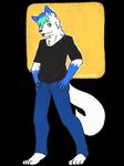  2015 4_toes anthro barefoot blue_eyes blue_fur blue_hair canine clothed clothing fan_character fluffy_tail fur hair hand_on_hip hands_on_hips happy looking_at_viewer male mammal multicolored_fur one_eye_closed pants paws safe shirt simple_background siriuswolfus smile solo standing toes tongue tongue_out two_tone_fur white_fur wink wolf 