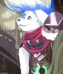  2015 anthro bandanna blue_hair blue_nose clothing cute digital_media_(artwork) ekko_(lol) eyewear fingers fur gloves goggles hair happy lagomorph male mammal metal rabbit signature siriuswolfus smile solo white_eyes white_fur 