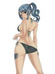  bikini black_eyes blue_hair breasts fairy_tail from_behind juvia_lockser large_breasts looking_at_viewer mashima_hiro official_art ponytail side-tie_bikini sideboob solo swimsuit tattoo transparent_background 