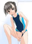  1girl black_hair blush brown_eyes competition_swimsuit female legs object_insertion one-piece_swimsuit original pubic_hair pussy short_hair solo swimsuit swimsuit_aside takafumi tampon uncensored vaginal vaginal_insertion vaginal_object_insertion 